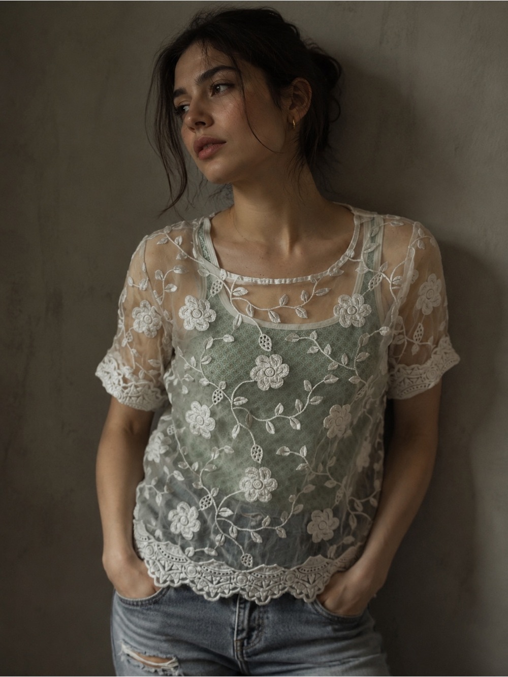 Vtg Code Sheer White Floral Lace Top Boho Whimsy Fairy Sheer Blouse Size Medium